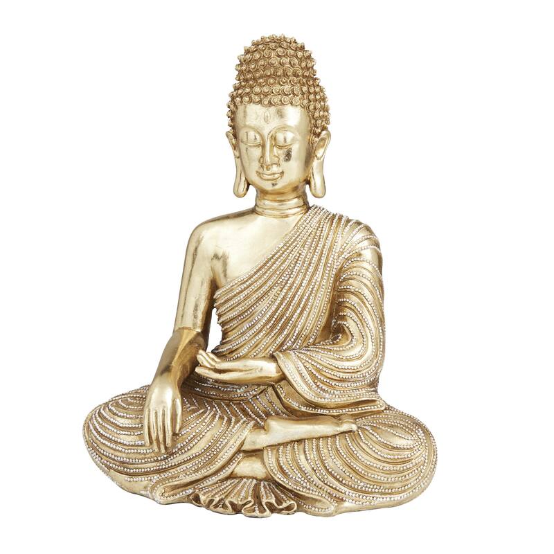 Gold Polystone Meditating Buddha Decorative Sculpture with Engraved Carvings and Relief Detailing