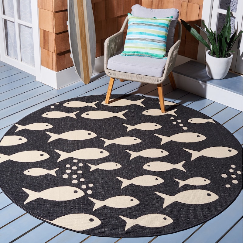 SAFAVIEH Courtyard Ragne Indoor/ Outdoor Waterproof Patio Backyard Rug - 5'3" Round - Black/Beige