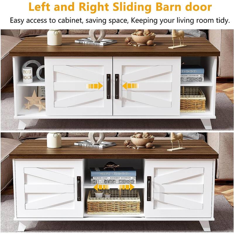 Farmhouse Coffee Table with Sliding Barn Doors for Living Room