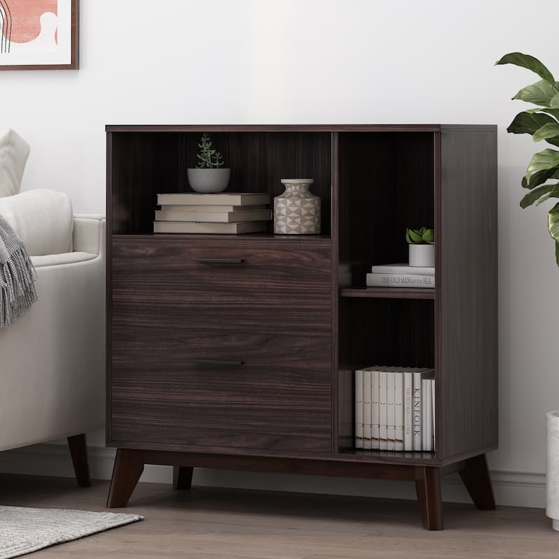 Roomfitters Mid-Century Modern Storage Cabinet with Two Drawers and Open Shelves, Wood Grain Finish - Espresso