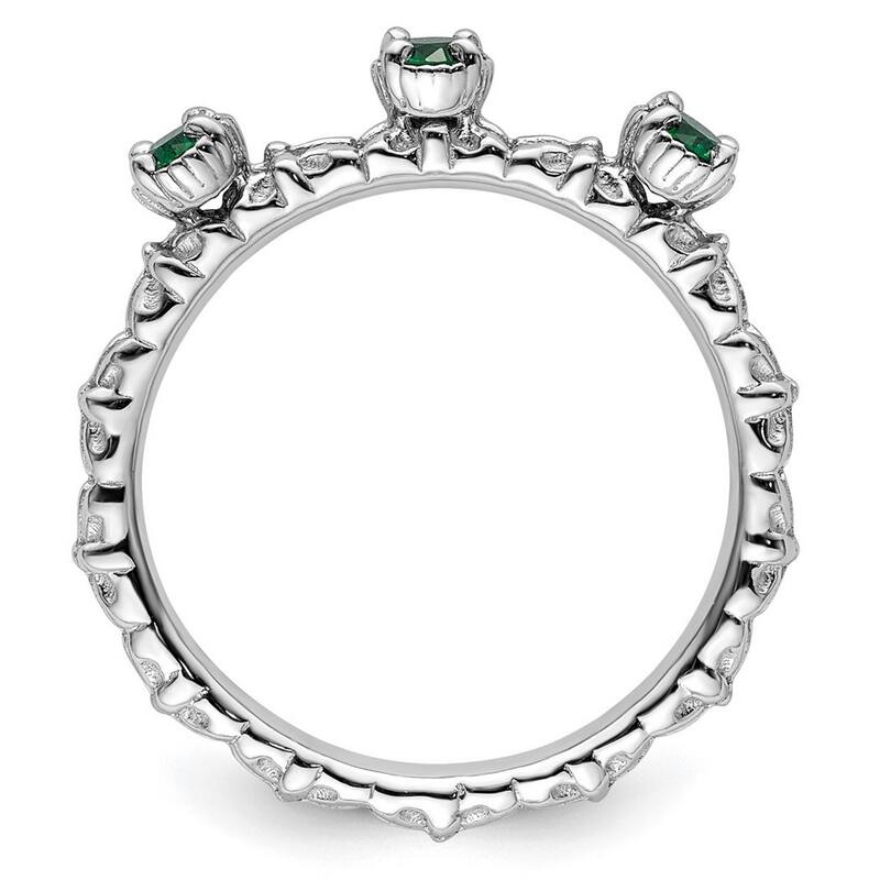 Curata 2.5mm 925 Sterling Silver Polished Prong set Stackable Expressions Created Emerald Three Stone Ring