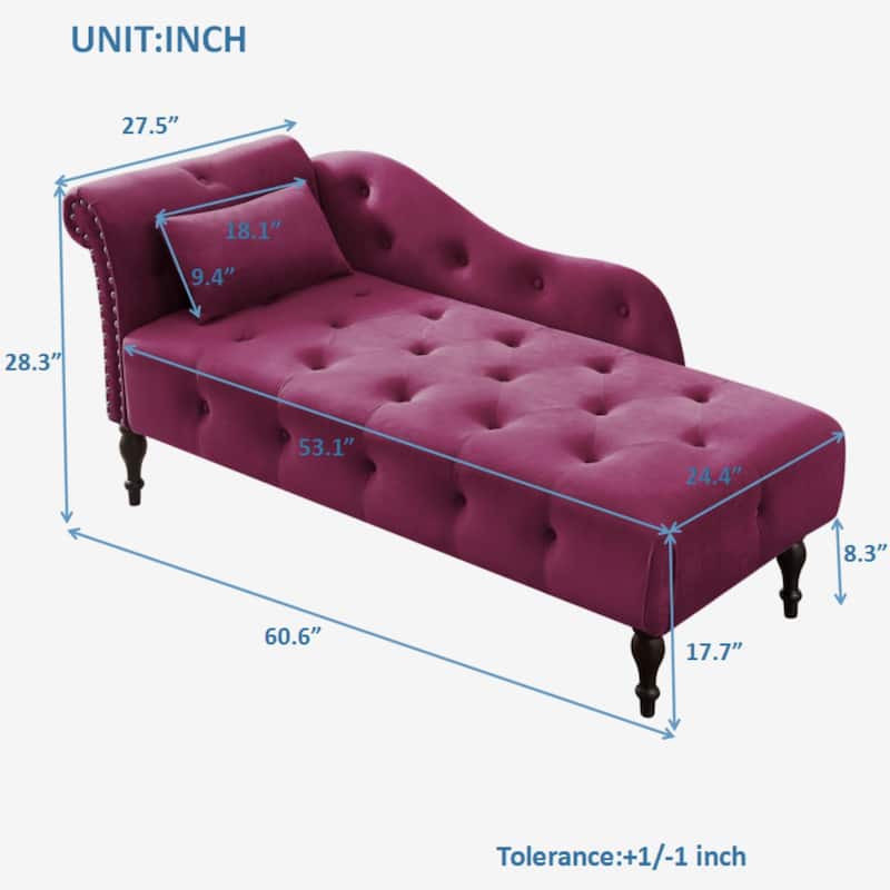 Modern 60.6" Velvet Upholstered Buttons Tufted Chaise Lounge Chair with Solid Wood Legs and Nailheads