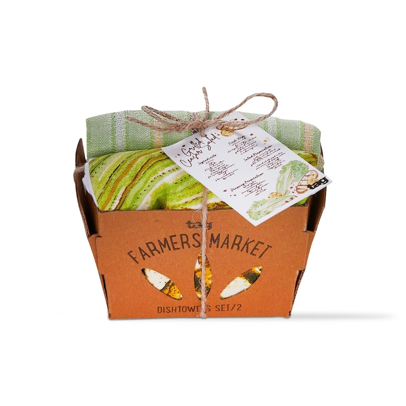 Set of 2 Caesar Salad Recipe Green Pinpoint Stripe Cotton Kitchen Dishtowels 26L x 18W in.