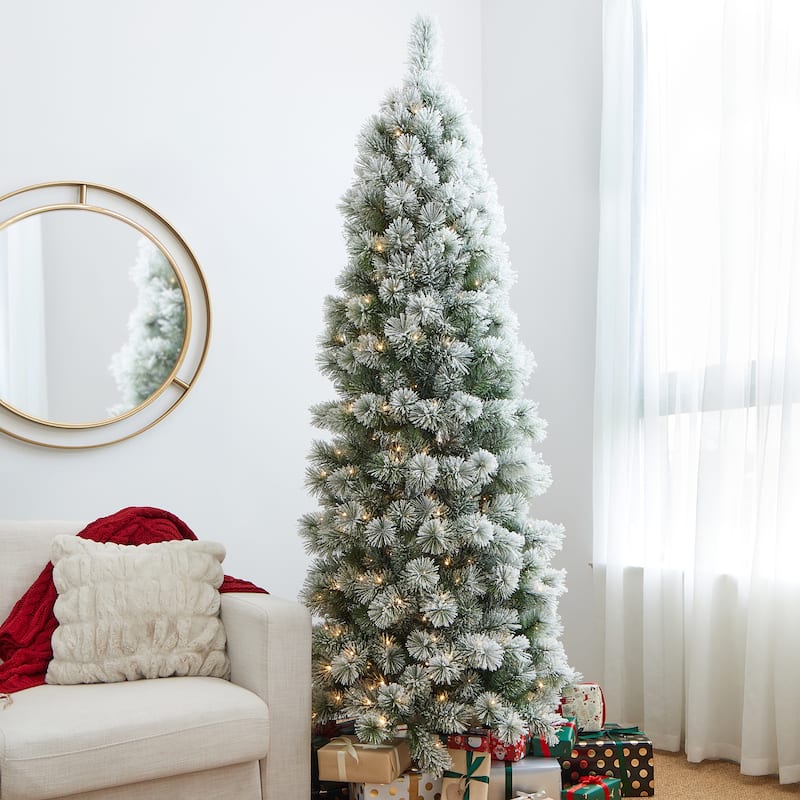 Glitzhome 6FT/7.5FT/9FT Warm White or Multi-Colored Pre-Lit Flocked Pine Artificial Christmas Tree