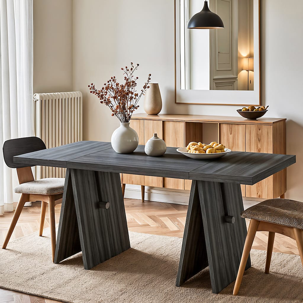 63" Rectangular Dining Room Table, Modern Dining Table for 6 People, Grey
