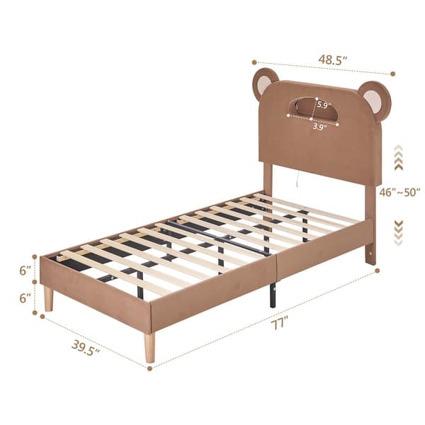 Javlergo Twin Size Upholstered Platform Bed Frame with Bear Ears Headboard and Light, Kids Bed Set of 2