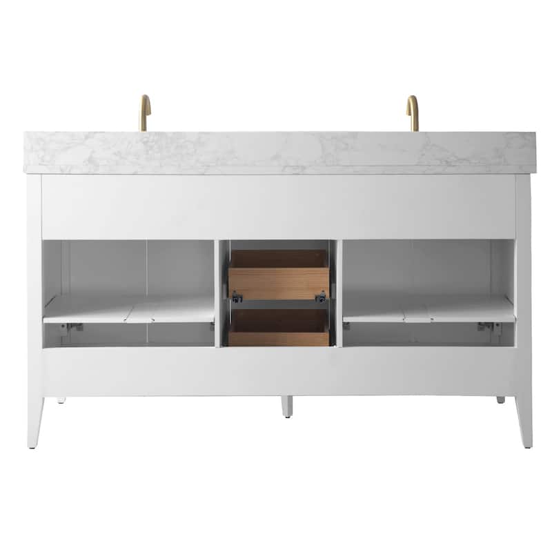 Vanity Art 60" Double Sink Bathroom Vanity Cabinet with Engineered Marble Top