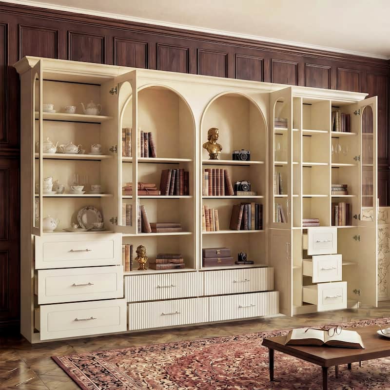 Modular Bookcase with LED Lights, Glass Door Storage Cabinet with Drawers, Large Display Shelving Unit Sideboard