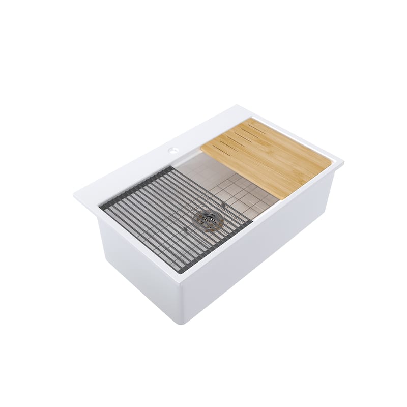33 in. Drop-In Single Bowl Fireclay Workstation Kitchen Sink with Drying Rack & Cutting Board - Includes Accessories