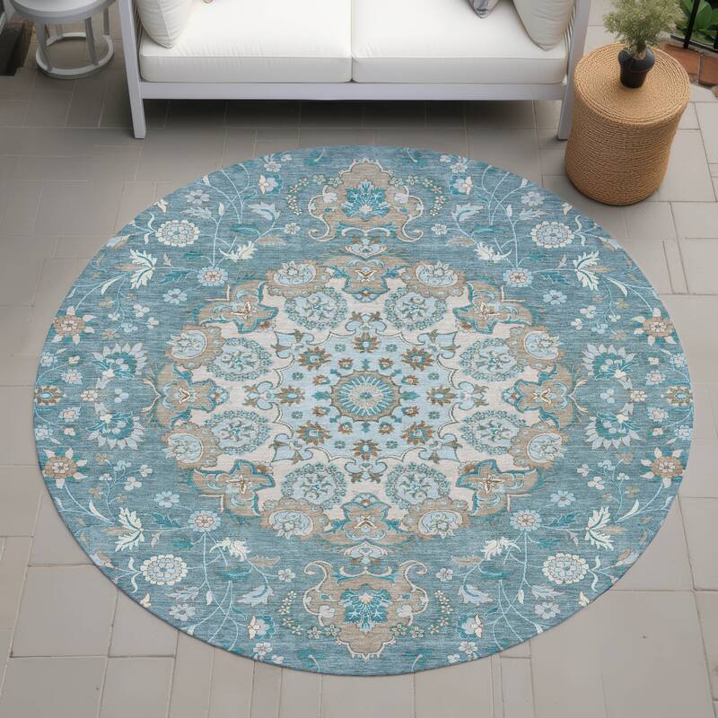 Machine Washable Indoor/ Outdoor Global Eckley Chantille Rug - Teal - 8' x 8'