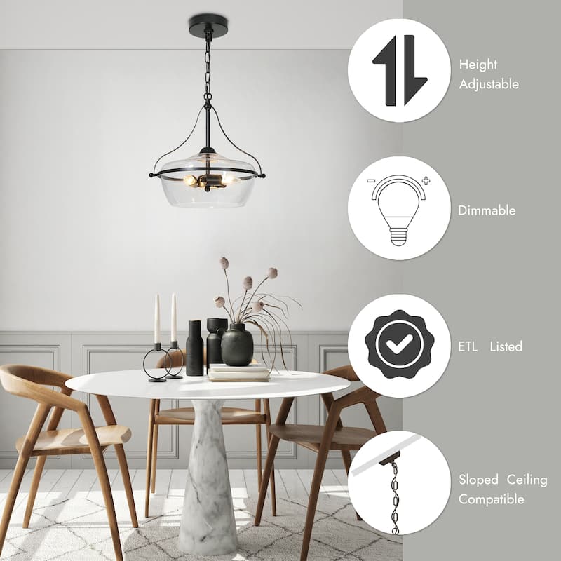 Zelena Modern Farmhouse 3-Light Black Chandelier Fishbowl-Shaped Glass Pendant Lights for Dining Room