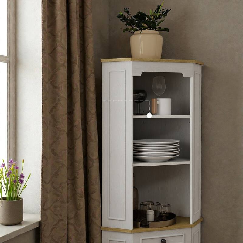 68" Tall Corner Cabinet, Freestanding Corner Storage Cabinet with Door, Drawer & Adjustable Shelf, Farmhouse Space-Saving Hutch