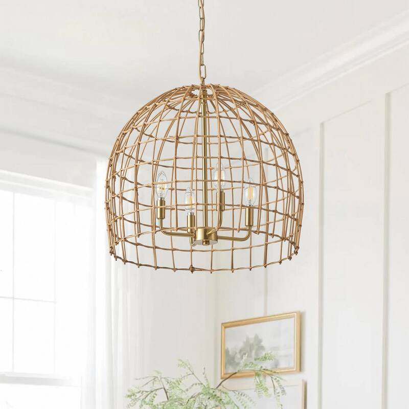 4-Light Hand-Woven Rattan Pendant Light for Kitchen Island Dining Room Hallway