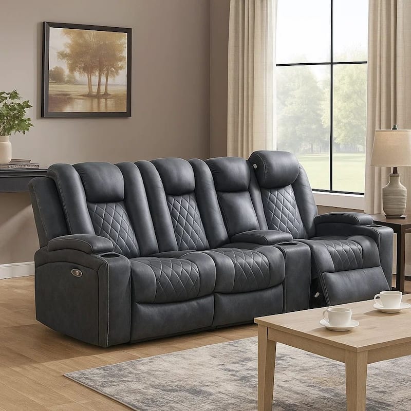 Elva 83 Inch Power Reclining Sofa, Storage Console, Blue Breathable Leather
