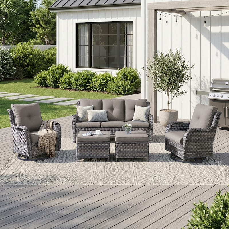 Pocassy Outdoor Patio Wciker Sofa Furniture Set of Chair Table. - Gray Wicker with Gray Cushion - 5-Pieces Patio Sofa Swivel Chair w/ Ottomam