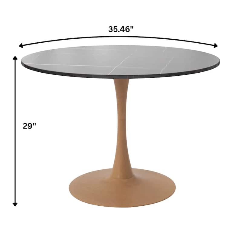 Bristol 35" Round Dining Table with Sintered Stone Top and Natural Wood Steel Pedestal Base for Modern Kitchen and Dining Room