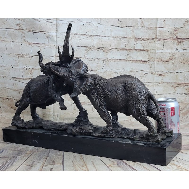 Imitative Elephants In Battle Bronze Sculpture Hot Cast Marble Base Figurine Wild Life Art