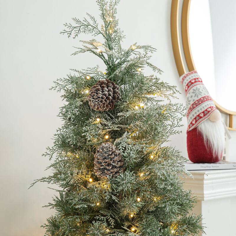 Glitzhome 4ft/5ft Pre-Lit Pine Artificial Christmas Porch Tree with Warm White Lights and Silver Pot