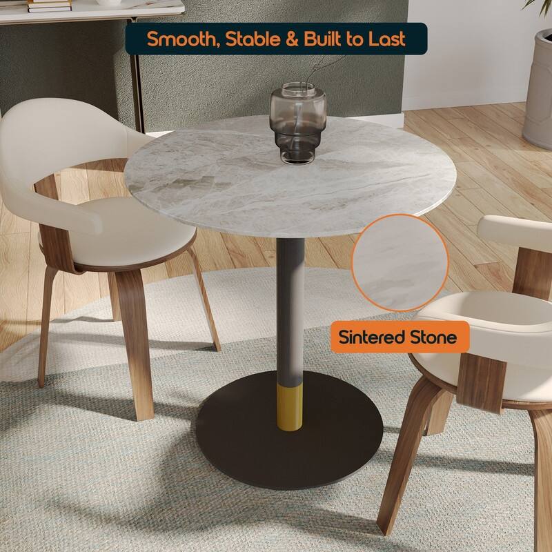 Vail Round Dining Table 27 in. Sintered Stone Tabletop in Black Stainless Steel Round Pedestal Base with Gold Accents