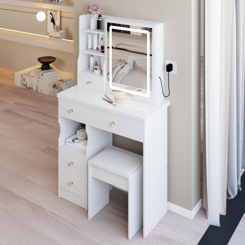 29.2"Small Size Left Drawer Desktop Vanity Table +Cushioned Stool,Large Sliding Adjust LED Mirror,High Capacity Storage