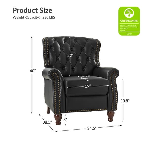 dimension image slide 4 of 7, Justine Transitional Genuine Leather Tufted Back Manual Recliner with Nailhead Trim and Rolled Arms by HULALA HOME