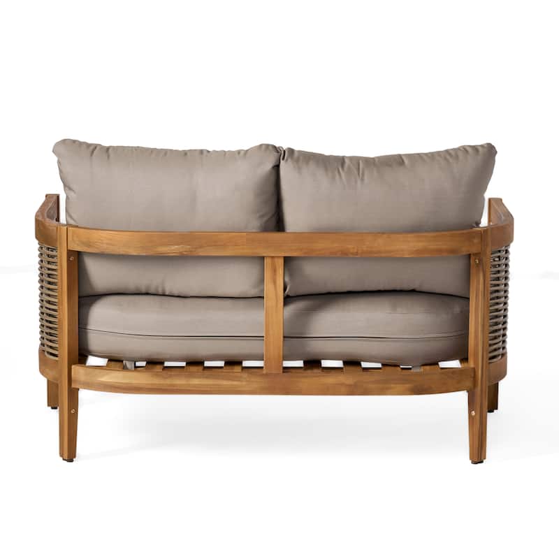Burchett Outdoor Acacia Wood and Wicker 4 Seater Chat Set with Cushions by Christopher Knight Home