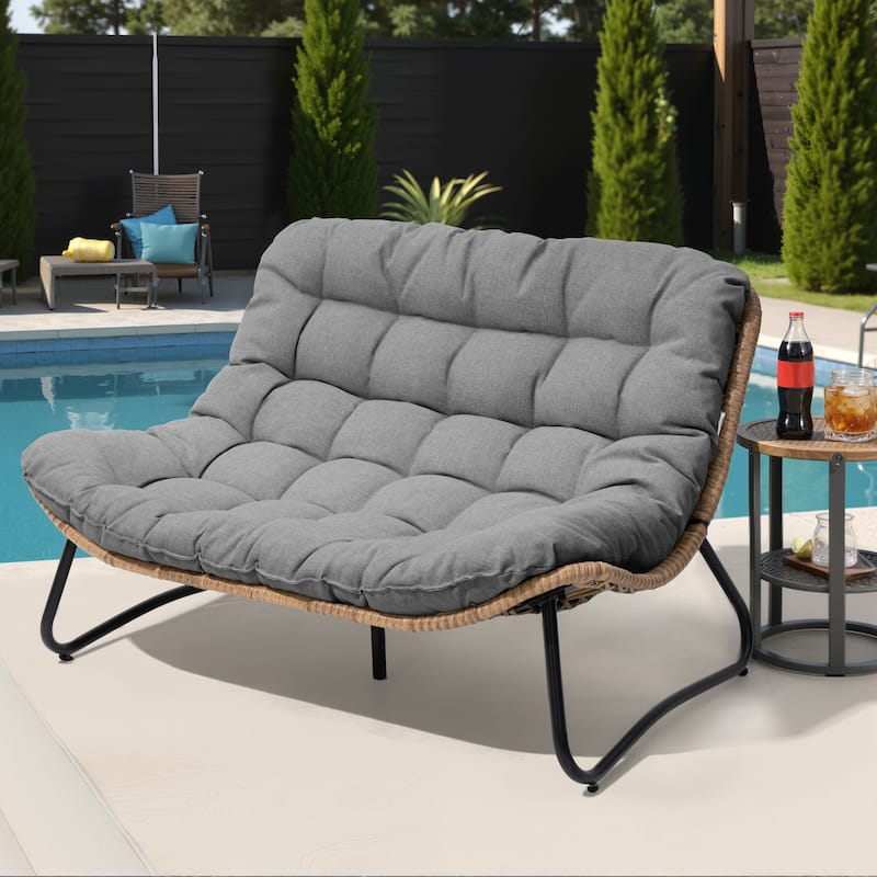 VredHom PE Rattan Double Papasan Chair Loveseat with Cushion for Indoor Outdoor
