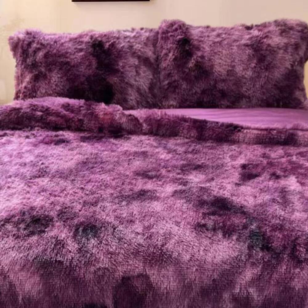 Fluffy Shaggy Comforter Set with 2 Pillowcases Queen Tie Dyed Purple