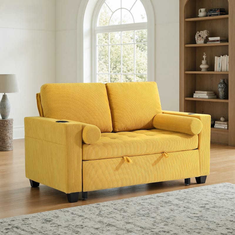 Corduroy Convertible Loveseat Sofa Bed Recliner with Cup Holder, USB Ports