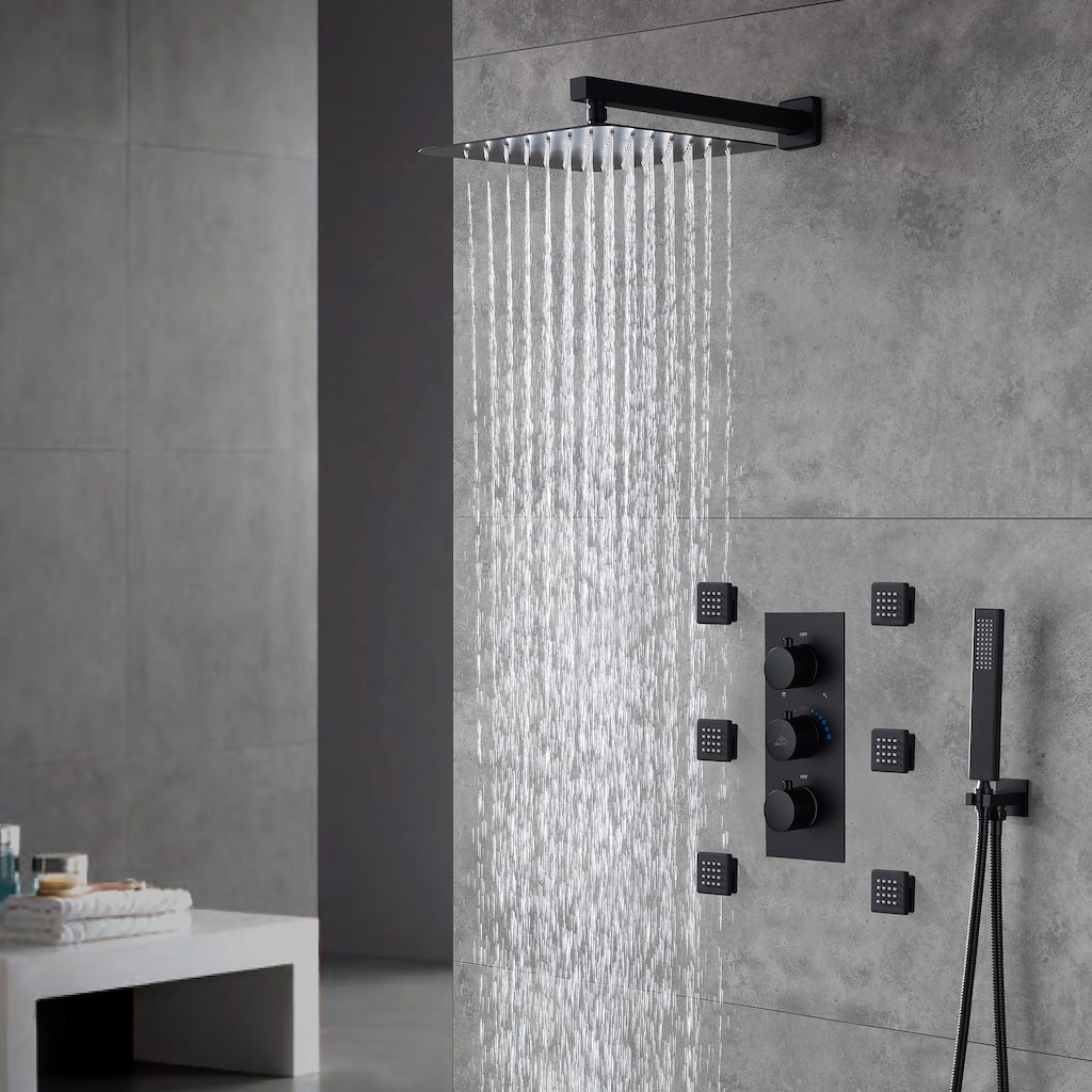 Thermostatic 12 in. Wall Mount Shower System with 6 Body Sprays