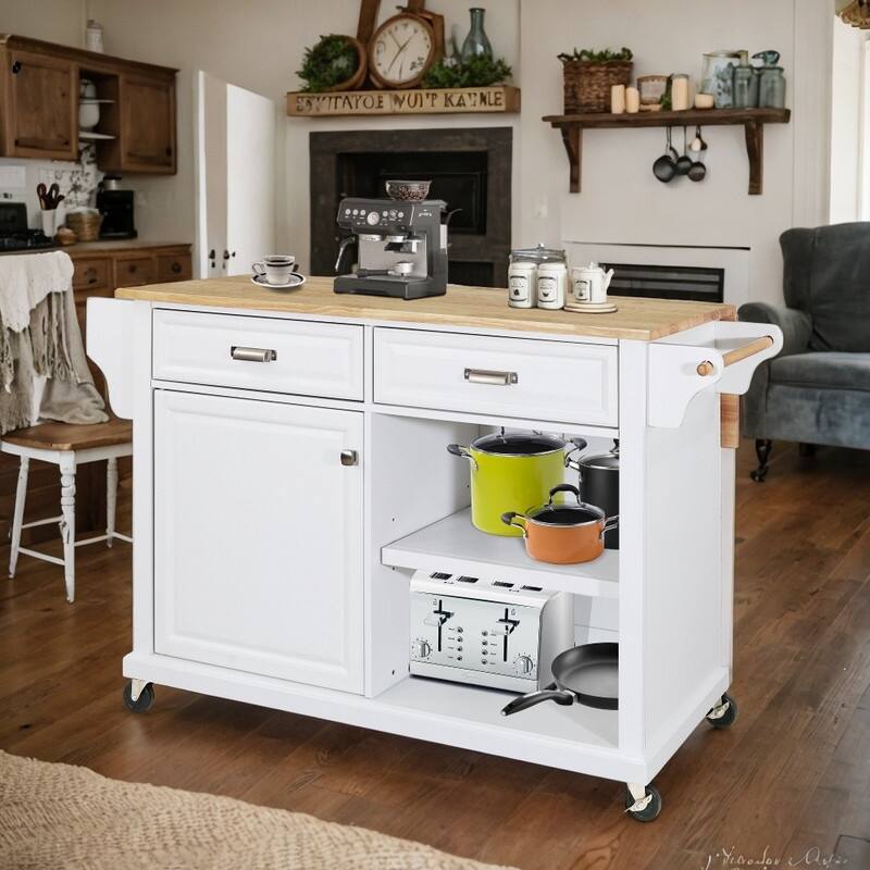 Natural Wood Kitchen Cart, Kitchen Island with Storage for Dinning Room, White - N/A