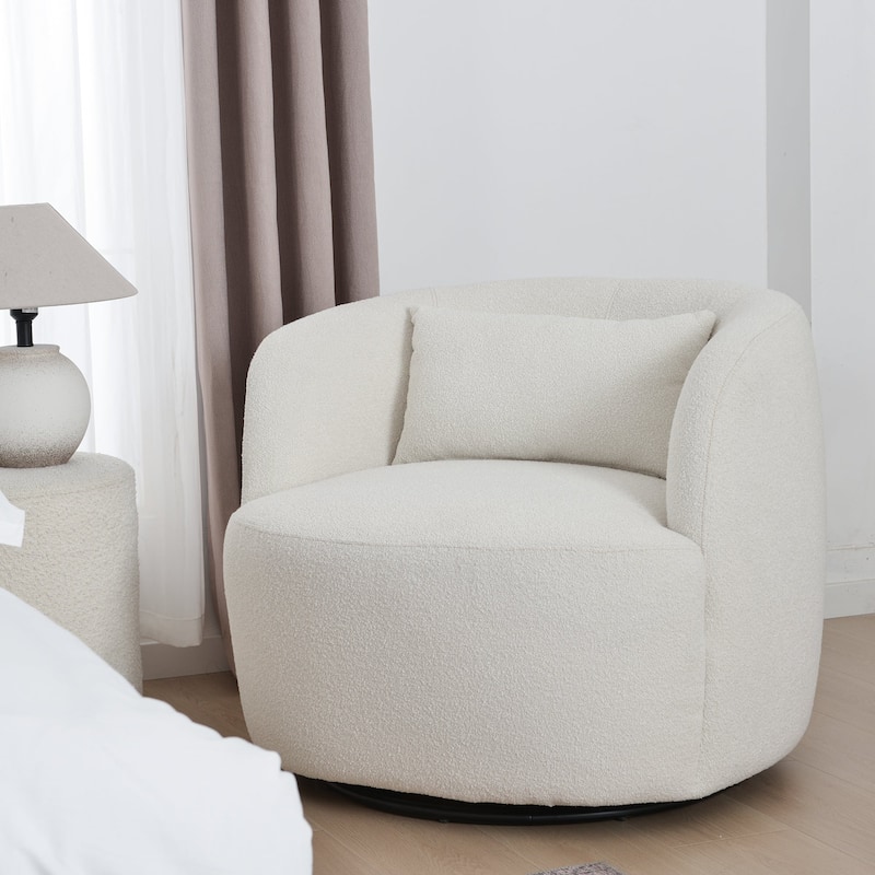 KINWELL 34" Poly Blend Boucle Fabric Upholstered Swivel Armchair