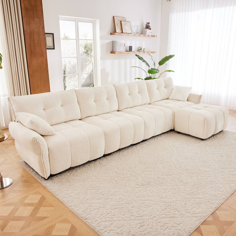 4-Seater U-Shaped Modular Sofa with 1 Ottomans & Pillows - White