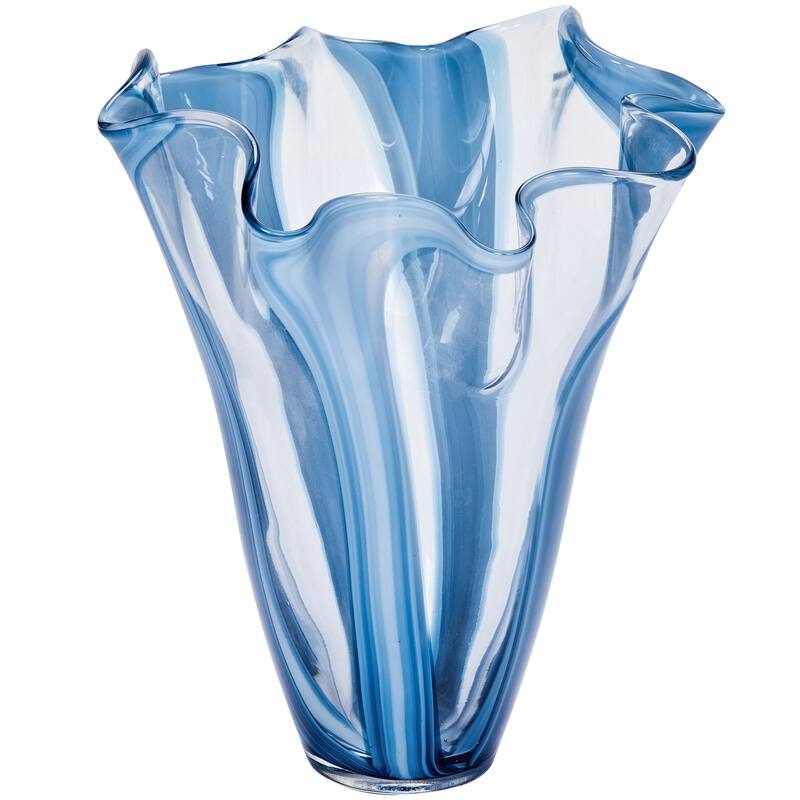 Blue Striped Handblown Glass Set of Two Scalloped Edge Vases