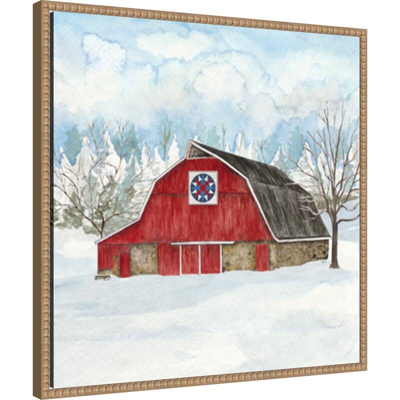 Winter Barn Quilt IV by Tara Reed (22 x 22 in.), Framed Canvas Wall Art Print - Sylvie Beaded Rustic Natural
