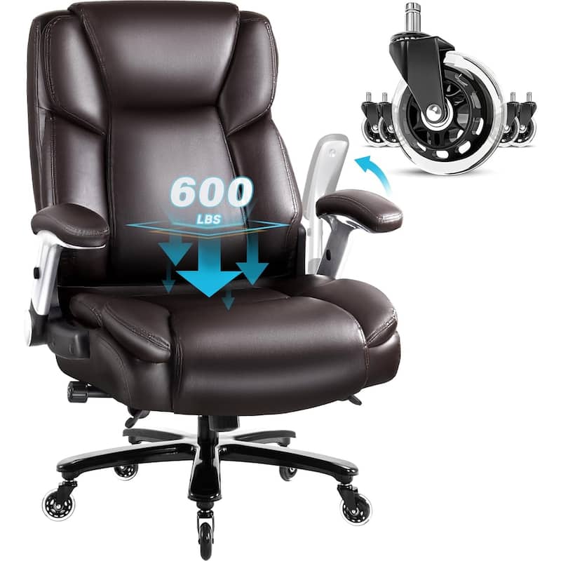 BOSSIN 600lbs Big and Tall Office Leather Chair with Flip up Armrest, Ergonomic Lumbar Support and Quiet Rubber Wheel