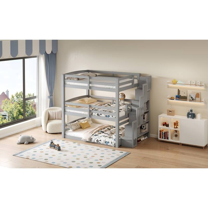 Triple Bunk Bed Twin Size Floor Bed with Storage Staircase