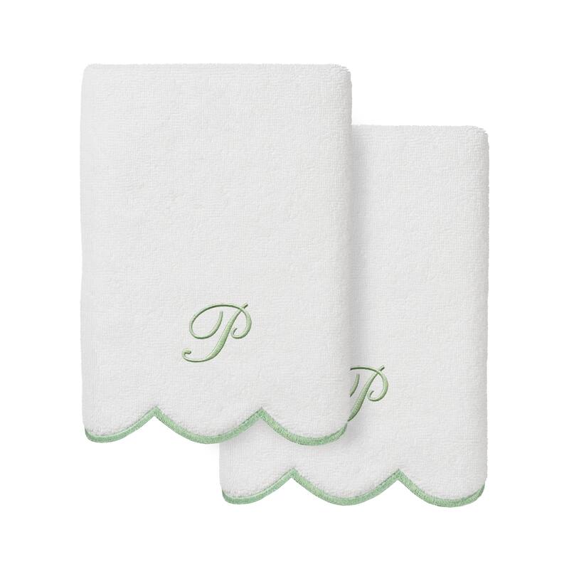 Authentic Hotel and Spa 100% Turkish Cotton Green ADORNIA Scallop Personalized 2 Piece Hand Towel Set - 2 Hand Towels - P