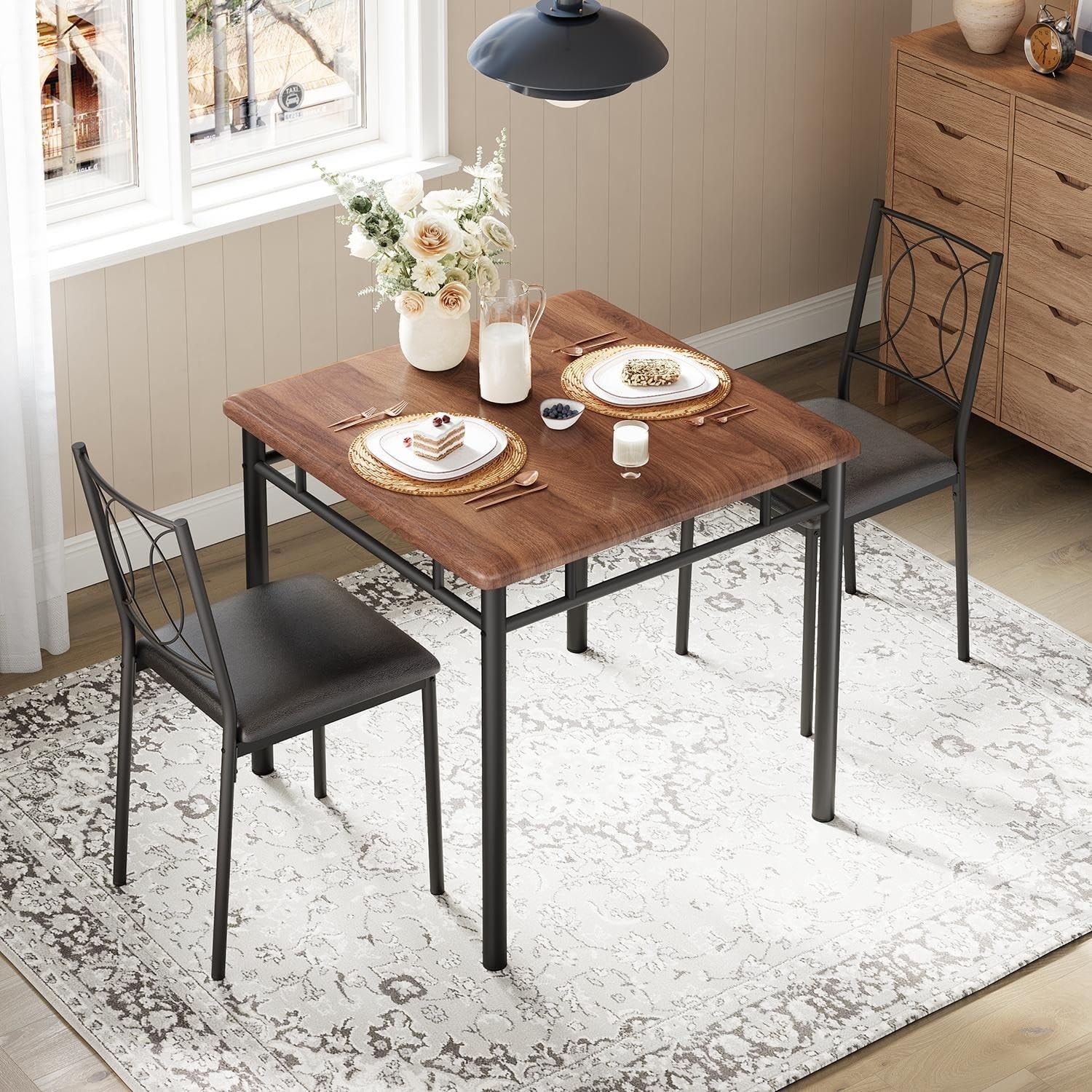 3 Piece Dining Table Set for 2 with 2 Upholstered Chairs, Space-Saving Farmhouse Kitchen Set