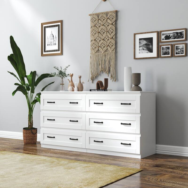 Modern white side cabinet with 6 drawers , Wood Chest of Drawers with Metal Handle, Storage Organizer ，Bedroom or Hallway
