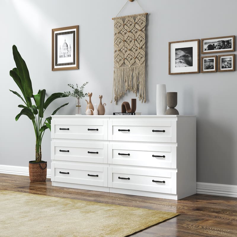 White Modern 6-Drawer Dresser – Wooden Storage Cabinet with Metal Handles, Versatile Organizer for Bedroom, Living Room. - White