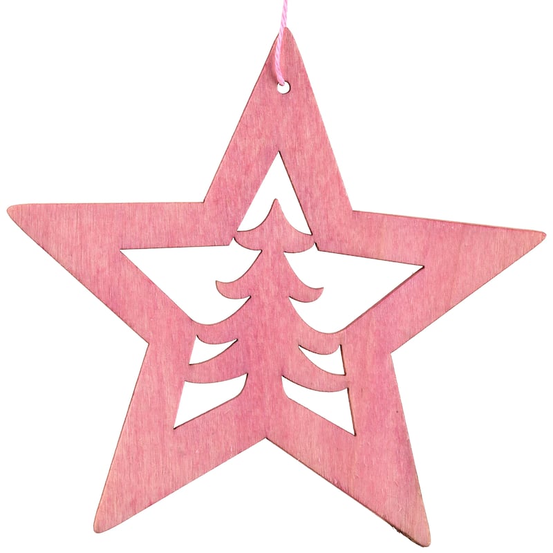 Cut Out Pine Tree in Wooden Star Christmas Ornament - 4" - Pink