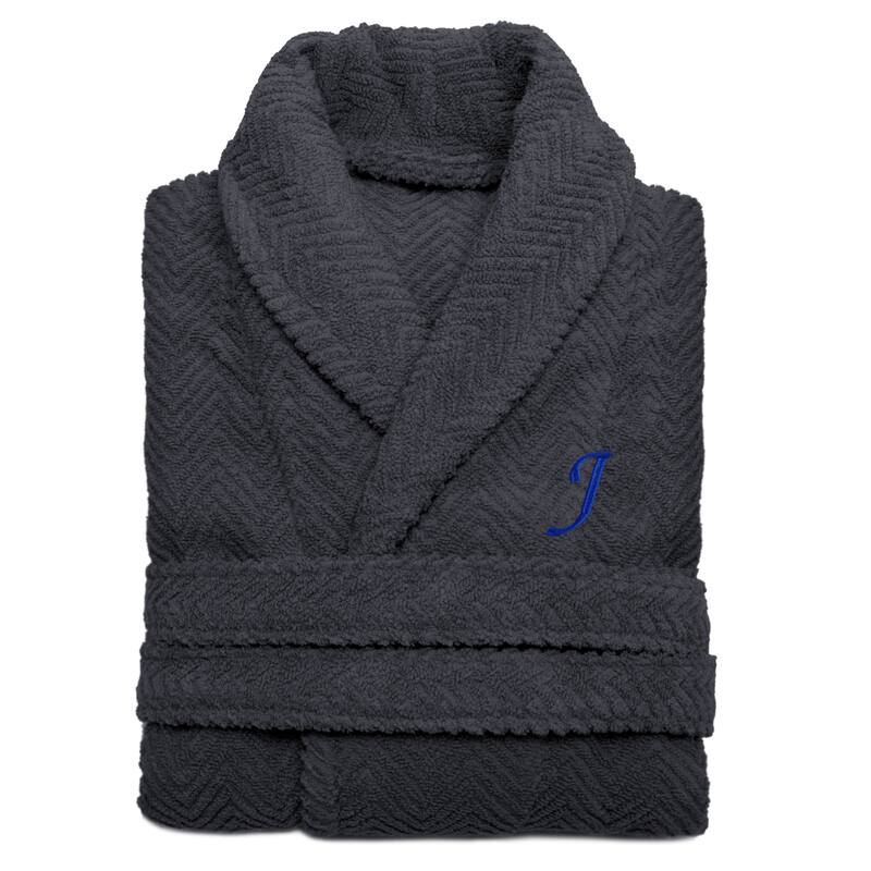 Authentic Hotel and Spa Charcoal Grey with Blue Monogrammed Herringbone Weave Turkish Cotton Unisex Bath Robe - S/M - J