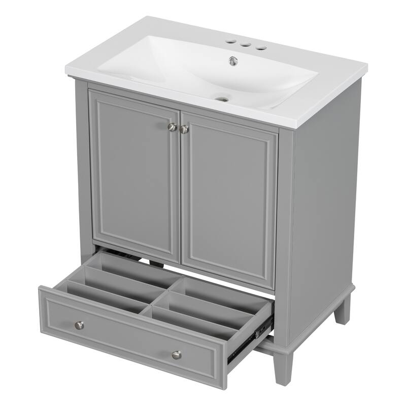30'' Solid Wood Bathroom Vanity with Multifunctional Cabinet, Drawers, and Ceramic Sink