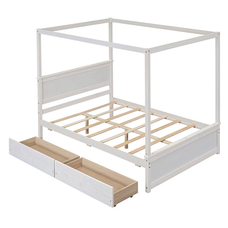 Wood Canopy Platform Bed with Two Drawers and Support Slats