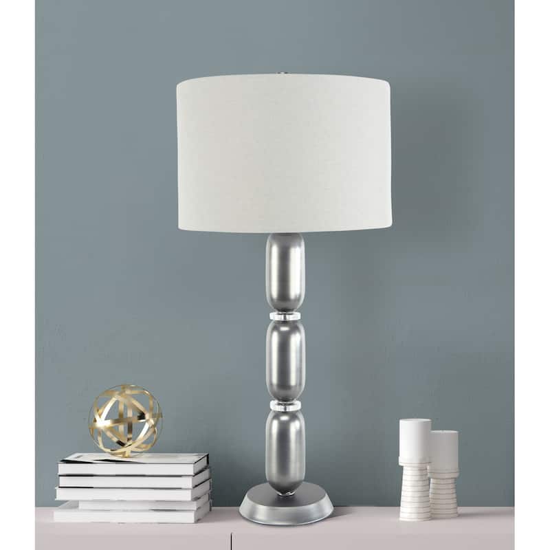 Modern Stacked Metal Table Lamp with Glass Accents and Linen Shade