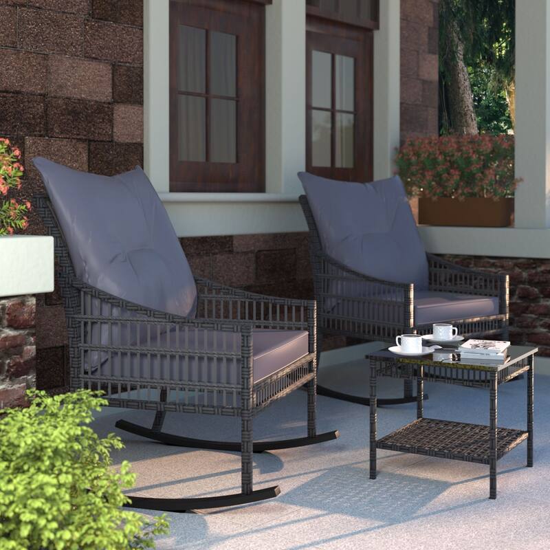 VEIKOUS 3-Piece Outdoor Wicker Patio Porch Rocking Chair and Rattan Coffee Table Set with Cushions and Pillows
