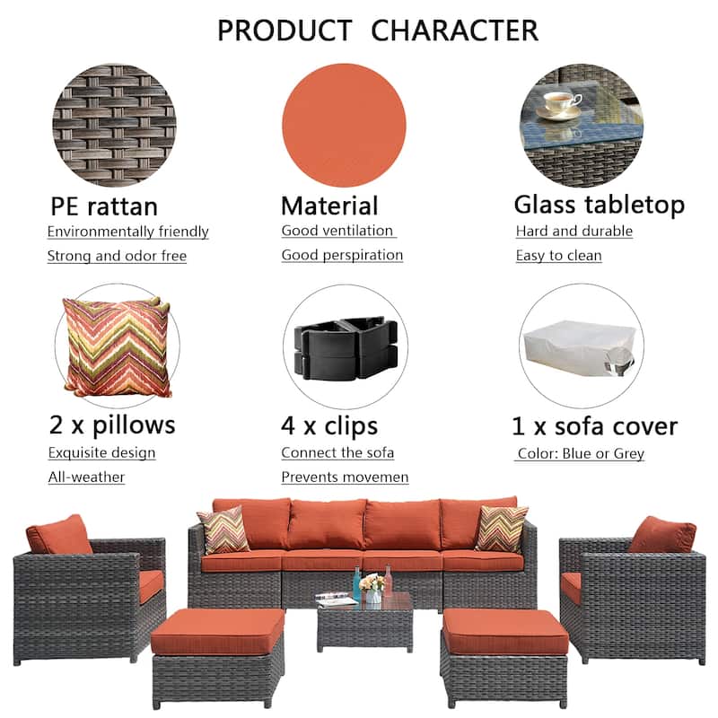 OVIOS Patio Furniture Deep Seat Wicker 9-piece Set