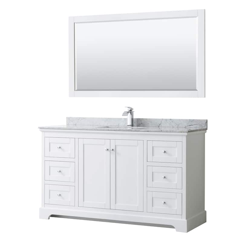 Avery 60-inch Single Vanity, Marble Top, Square Sink, 58-inch Mirror - White, Chrome Trim, White Carrara Marble Top
