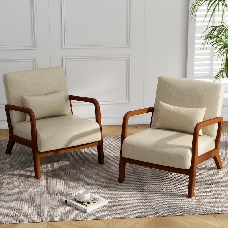 2 Set Scandinavian Upholstered Leather Corduroy Lounge Arm Chair with Pillow - Set of 2